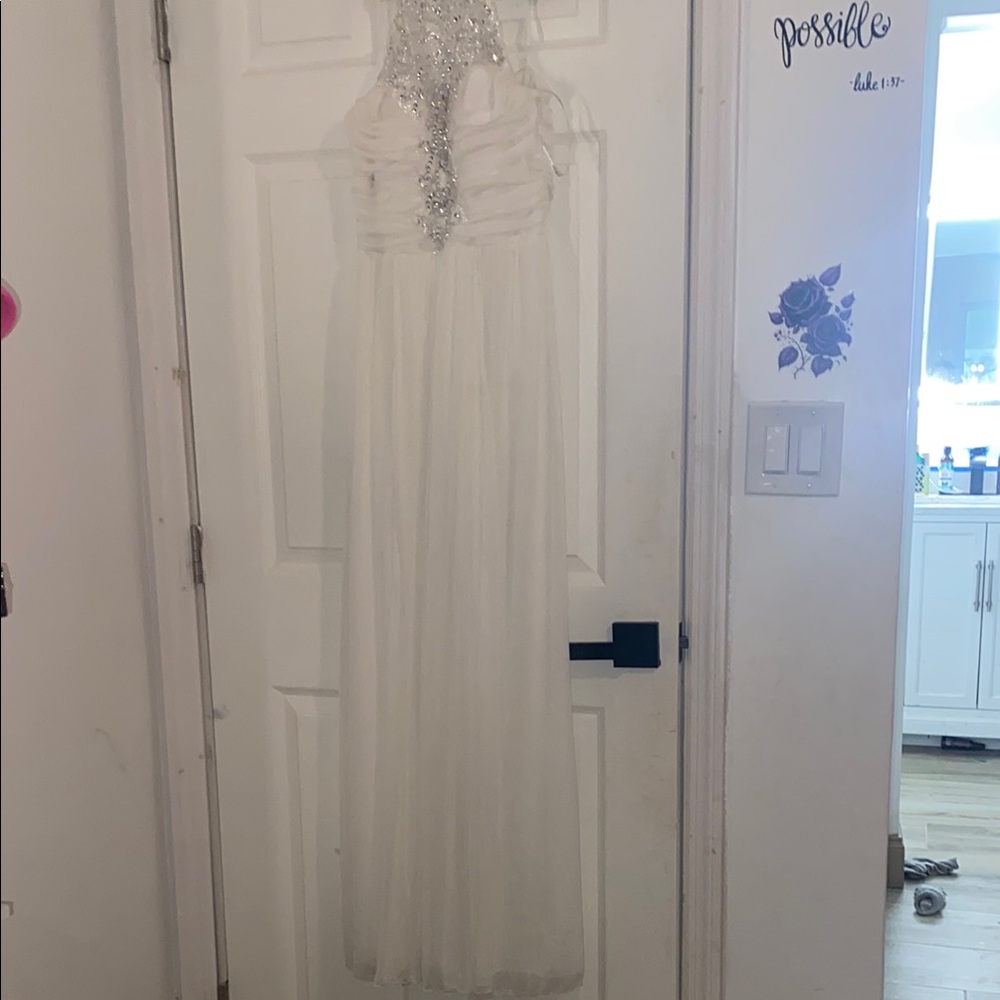 B. Darlin  White Halter Gown with Silver Embellishments
